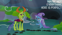 Size: 2000x1125 | Tagged: safe, derpibooru import, edit, edited screencap, editor:quoterific, screencap, starlight glimmer, thorax, trixie, changedling, changeling, to change a changeling, king thorax