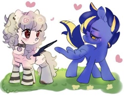 Size: 512x425 | Tagged: safe, artist:panrcillo_jelly, derpibooru import, oc, oc only, oc:raawrs, oc:shining trophy, earth pony, pegasus, pony, clothes, looking at each other, looking at someone, simple background