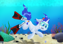 Size: 3508x2480 | Tagged: safe, artist:samenandsam, derpibooru import, oc, oc only, oc:sound shiver, crab, pony, unicorn, bottom, bubble, concave belly, coral, flippers (gear), high res, horn, looking down, male, mask, ocean, pearl, sand, stallion, swimming, underwater, unicorn oc, water