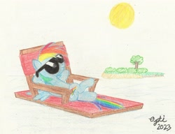 Size: 2530x1948 | Tagged: safe, artist:opti, derpibooru import, rainbow dash, pegasus, pony, atg 2023, island, lake, lying down, newbie artist training grounds, on back, solo, sun, sunglasses, traditional art, tree, water