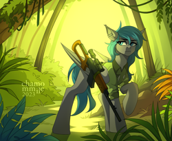 Size: 3429x2812 | Tagged: safe, artist:chamommile, derpibooru import, oc, oc only, pegasus, pony, blue eyes, blue hair, clothes, commission, ear piercing, female, forest background, full body, green background, gun, jungle, looking back, pegasus oc, piercing, plant, rifle, simple background, sniper, sniper rifle, sniperskya vintovka dragunova, solo, weapon, ych result