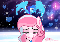 Size: 1601x1112 | Tagged: safe, artist:tanahgrogot, derpibooru import, oc, oc:annisa trihapsari, earth pony, pony, bedroom eyes, crossover, duo, duo female, female, heart, jewelry, lapis lazuli (steven universe), looking at you, mare, necklace, open mouth, smiling, space, sparkles, steven universe, water, watermark, worried smile