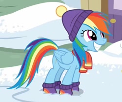 Size: 865x722 | Tagged: safe, derpibooru import, screencap, rainbow dash, pegasus, pony, clothes, cropped, cute, dashabetes, excited, female, folded wings, mare, smiling, snow, solo, wings, winter outfit
