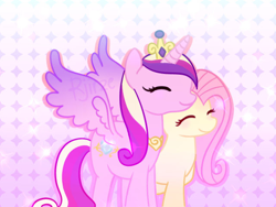 Size: 640x480 | Tagged: safe, artist:rjire, derpibooru import, fluttershy, princess cadance, alicorn, pegasus, colored wings, cute, cutedance, duo, eyes closed, female, flutterdance, gradient wings, lesbian, mare, nuzzling, shipping, shyabetes, smiling, wings