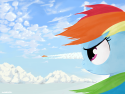 Size: 4000x3000 | Tagged: safe, artist:widelake, derpibooru import, rainbow dash, pegasus, cloud, contrail, loose hair, scenery, side view, sky, wind, wonderbolts