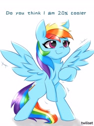 Size: 3072x4096 | Tagged: safe, artist:twiliset, derpibooru import, rainbow dash, pegasus, pony, 20% cooler, awesome, bipedal, bronybait, cooler, cute, light, simple background, smiling, solo, spread wings, standing, white background, wings