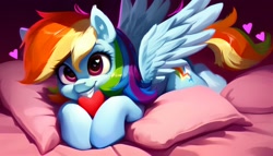 Size: 2688x1536 | Tagged: safe, ai content, derpibooru exclusive, derpibooru import, generator:pony diffusion v5, generator:stable diffusion, machine learning generated, rainbow dash, pegasus, pony, cute, dashabetes, female, heart, heart eyes, looking at you, lying down, mare, pillow, prompter:siber, smiling, smiling at you, solo, wingding eyes