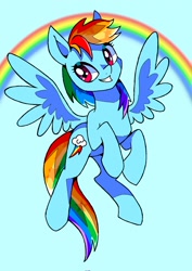 Size: 1448x2048 | Tagged: safe, artist:stacy_165cut, derpibooru import, rainbow dash, pegasus, pony, blue background, cyan background, flying, grin, rainbow, simple background, smiling, solo, spread wings, wings