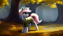 Size: 2688x1536 | Tagged: safe, ai content, derpibooru exclusive, derpibooru import, generator:pony diffusion v5, generator:stable diffusion, machine learning generated, nurse redheart, earth pony, pony, clothes, female, forest, mare, military uniform, prompter:siber, solo, tree, uniform
