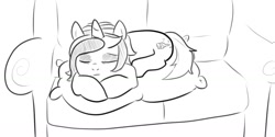 Size: 1648x826 | Tagged: safe, artist:zan logemlor, derpibooru import, oc, oc only, oc:fine wine, pony, unicorn, eyes closed, female, grayscale, horn, lying down, mare, monochrome, pillow, pixiv, prone, sleeping, sofa, solo, unicorn oc