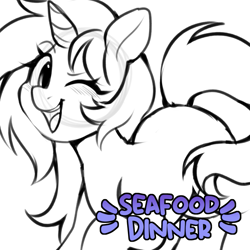 Size: 829x828 | Tagged: safe, artist:stablegrass, derpibooru import, oc, oc only, oc:seafood dinner, pony, unicorn, female, horn, looking at you, mare, one eye closed, open mouth, open smile, simple background, smiling, solo, unicorn oc, white background, wink