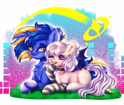 Size: 1024x870 | Tagged: safe, artist:swetty_ladt, derpibooru import, oc, oc only, oc:raawrs, oc:shining trophy, earth pony, pegasus, pony, bandaid, bandaid on nose, couple, duo, female, looking at each other, looking at someone, male, mare, oc x oc, shipping, sitting, stallion