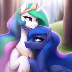 Size: 2048x2048 | Tagged: safe, ai content, derpibooru import, generator:stable diffusion, machine learning generated, princess celestia, princess luna, alicorn, pony, cute, ethereal mane, female, folded wings, hug, mare, outdoors, royal sisters, siblings, sisters, wings