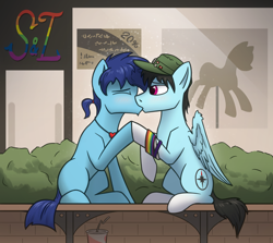 Size: 1920x1715 | Tagged: safe, artist:tsswordy, derpibooru import, oc, oc only, oc:leo hawk, oc:swordy, earth pony, pegasus, pony, blushing, bush, duo, gay, hat, heart, kiss on the lips, kissing, male, mall, pride, pride month, romantic, wings