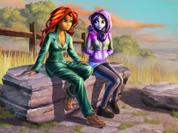 Size: 1200x900 | Tagged: safe, artist:harwick, derpibooru import, rarity, sunset shimmer, fanfic:what my destiny is telling me, equestria girls, clothes, commission, duo, fanfic art, outdoors, pajamas, sitting, sunrise