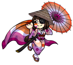 Size: 2652x2377 | Tagged: safe, artist:malinraf1615, derpibooru import, oc, oc only, oc:ohasu, human, asian conical hat, chibi, clothes, commission, eye scar, eyepatch, face paint, facial scar, female, hat, humanized, humanized oc, japanese, katana, kimono (clothing), lesbian pride flag, pride, pride flag, pride month, sandals, scar, simple background, socks, solo, straw hat, sword, tail, tailed humanization, transparent background, umbrella, weapon, ych result