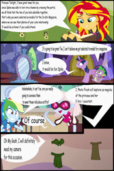 Size: 800x1200 | Tagged: safe, derpibooru import, photo finish, rainbow dash, spike, sunset shimmer, twilight sparkle, twilight sparkle (alicorn), alicorn, equestria girls, book, bra, clothes, comic, dialogue, diary, excited, laughing, loincloth, magic mirror, mirror, this will end in laughs, underwear