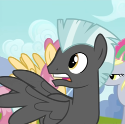 Size: 1084x1080 | Tagged: safe, derpibooru import, screencap, derpy hooves, dizzy twister, orange swirl, thunderlane, pegasus, pony, hurricane fluttershy, cropped, female, gasp, male, mare, open mouth, solo focus, spread wings, stallion, wings