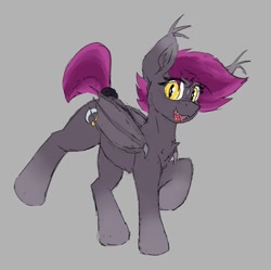 Size: 674x671 | Tagged: safe, artist:reddthebat, derpibooru import, oc, oc only, oc:selena (reddthebat), bat pony, pony, bat pony oc, cute, cute little fangs, fangs, female, gray background, looking at you, mare, open mouth, open smile, simple background, smiling, smiling at you, solo