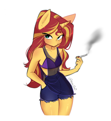 Size: 1840x2002 | Tagged: safe, artist:tomi_ouo, derpibooru import, sunset shimmer, anthro, unicorn, bikini, bikini top, cigarette, clothes, female, frown, see-through, see-through shirt, shirt, shorts, signature, simple background, smoke, smoking, solo, swimsuit, tanktop, torn clothes, white background