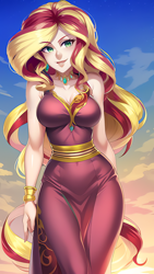 Size: 864x1536 | Tagged: safe, ai content, derpibooru import, editor:sammykun, generator:novelai, generator:stable diffusion, machine learning generated, sunset shimmer, human, equestria girls, bracelet, breasts, clothes, dress, humanized, jewelry, lips, long dress, long hair, looking at you, necklace, prompter:sammykun, reasonably sized breasts, request, requested art, skintight, skintight clothes, sky, smiling, sunset jiggler, waistband