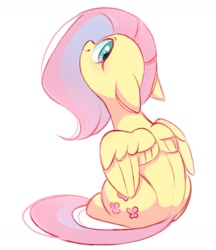 Size: 891x1032 | Tagged: safe, artist:melodylibris, derpibooru import, fluttershy, pegasus, pony, cute, ears, female, floppy ears, looking back, mare, rear view, shyabetes, simple background, sitting, smiling, solo, white background, wings