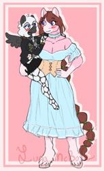 Size: 964x1579 | Tagged: safe, artist:luna_mcboss, derpibooru import, oc, oc:double stuff, oc:yamire, anthro, unguligrade anthro, anthro oc, blue eyes, blushing, brown hair, clothes, corset, dress, feathered fetlocks, feathered wings, female, glasses, gray coat, hair tie, height difference, jacket, lesbian, lesbian couple, long hair, mottled coat, oc x oc, pink background, pink coat, shipping, simple background, size difference, tall, white hair, wings