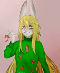 Size: 3270x4000 | Tagged: safe, artist:twivela, derpibooru import, anthro, rabbit, animal, bunny ears, female, gradient background, mare, solo