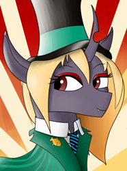 Size: 1248x1680 | Tagged: safe, artist:carolus rex, derpibooru import, oc, oc only, oc:queen helvia, changeling, changeling queen, equestria at war mod, changeling oc, changeling queen oc, clothes, female, gradient background, hat, necktie, solo, top hat, yellow mane