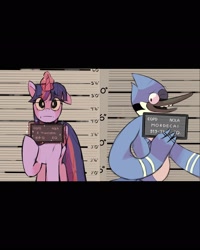 Size: 1638x2048 | Tagged: safe, artist:nolazzelbark, derpibooru import, twilight sparkle, twilight sparkle (alicorn), alicorn, bird, blue jay, pony, barbie mugshot meme, crossover, crossover shipping, duo, duo male and female, female, looking at you, magic, male, meme, mordecai, mordetwi, mugshot, one ear down, one eye closed, regular show, shipping, smiling, straight, sweat, sweatdrop, telekinesis, wink, winking at you, worried