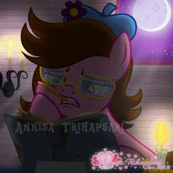 Size: 1300x1300 | Tagged: safe, artist:persephoneiabases, artist:tanahgrogot, derpibooru import, oc, oc only, oc:tiffany fisher, earth pony, pony, series:the guardian of leadership, series:tiffanyverse, alternate universe, book, candle, dark, ears, earth pony oc, female, floppy ears, glasses, glowing, gritted teeth, hat, light, mare, moon, night, pencil, solo, teeth, watermark, worried