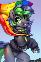 Size: 2000x3000 | Tagged: safe, artist:jedayskayvoker, derpibooru import, oc, oc:sparky starfall, pony, unicorn, bust, cape, clothes, collar, cute, gradient background, green eyes, halfbody, hoodie, horn, lgbt, long mane, long mane male, looking at you, male, portrait, pride, pride flag, pride month, raised eyebrows, smiling, smiling at you, solo, stallion, unicorn oc, unshorn fetlocks