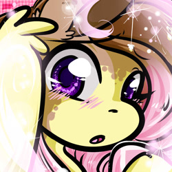 Size: 1050x1050 | Tagged: safe, artist:xizana, derpibooru import, fluttershy, pegasus, pony, blushing, bust, colored hooves, furry to pony, looking at you, open mouth, portrait, solo, species swap, transformation