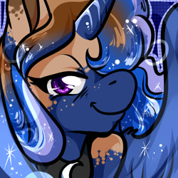 Size: 1050x1050 | Tagged: safe, artist:xizana, derpibooru import, princess luna, alicorn, pony, bust, furry to pony, looking at you, portrait, smiling, solo, species swap, transformation