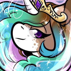 Size: 1050x1050 | Tagged: safe, artist:xizana, derpibooru import, princess celestia, pony, bust, furry to pony, portrait, smiling, smirk, solo, species swap, transformation