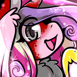 Size: 1050x1050 | Tagged: safe, artist:xizana, derpibooru import, princess cadance, alicorn, pony, blushing, bust, eye clipping through hair, furry to pony, looking at you, open mouth, open smile, portrait, smiling, solo, species swap, transformation