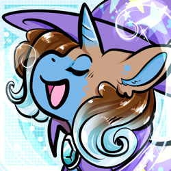 Size: 1050x1050 | Tagged: safe, artist:xizana, derpibooru import, trixie, pony, unicorn, bust, cape, clothes, eyes closed, furry to pony, hat, open mouth, portrait, smiling, solo, species swap, transformation, trixie's cape, trixie's hat