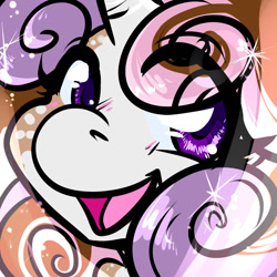 Size: 1050x1050 | Tagged: safe, artist:xizana, derpibooru import, sweetie belle, pony, blushing, bust, eye clipping through hair, furry to pony, looking at you, open mouth, open smile, portrait, smiling, solo, species swap, transformation