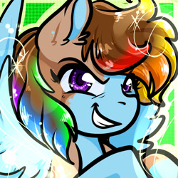 Size: 1050x1050 | Tagged: safe, artist:xizana, derpibooru import, rainbow dash, pegasus, pony, bust, furry to pony, grin, looking at you, portrait, smiling, solo, species swap, transformation