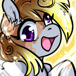 Size: 1050x1050 | Tagged: safe, artist:xizana, derpibooru import, derpy hooves, pegasus, pony, bust, furry to pony, open mouth, open smile, portrait, smiling, solo, species swap, transformation