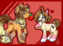 Size: 2251x1637 | Tagged: safe, artist:xizana, derpibooru import, applejack, oc, earth pony, pony, apple, colored hooves, crossed hooves, duo, eye clipping through hair, food, furry to pony, heart, open mouth, open smile, smiling, species swap, transformation