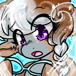 Size: 1400x1400 | Tagged: safe, artist:xizana, derpibooru import, silver spoon, pony, blushing, bust, eye clipping through hair, furry to pony, glasses, holding, open mouth, portrait, shocked, solo, species swap, transformation