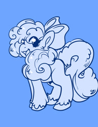 Size: 1687x2184 | Tagged: safe, artist:xizana, derpibooru import, oc, oc only, earth pony, pony, blank flank, bow, curly hair, curly mane, eye clipping through hair, female, hair bow, monochrome, open mouth, open smile, smiling, solo, unshorn fetlocks