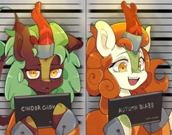 Size: 2843x2227 | Tagged: safe, artist:haichiroo, derpibooru import, autumn blaze, cinder glow, summer flare, kirin, barbie mugshot meme, clothes, commissioner:rainbowdash69, cuffed, cuffs, duo, handcuffed, horn, horn ring, meme, mugshot, never doubt rainbowdash69's involvement, prison outfit, prisoner, ring, varying degrees of want