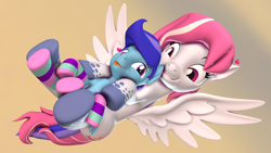 Size: 5040x2835 | Tagged: safe, artist:nightietime, derpibooru import, oc, oc only, oc:evening skies, oc:sierra nightingale, 3d, :p, brother and sister, clothes, female, flying, hug, male, siblings, socks, striped socks, tongue, tongue out