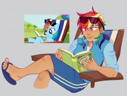 Size: 2048x1560 | Tagged: safe, artist:dum0rii, derpibooru import, screencap, rainbow dash, human, female, gray background, humanized, reading, scene interpretation, simple background, solo