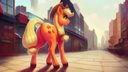 Size: 2562x1438 | Tagged: safe, ai content, derpibooru import, generator:pony diffusion v4, generator:stable diffusion, machine learning generated, applejack, earth pony, applejack's hat, building, butt, city, clothes, cowboy hat, female, hat, looking at you, looking back, looking back at you, mare, prompter:siber, skyscraper, smiling, smiling at you, solo, street