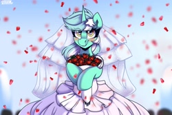 Size: 3375x2250 | Tagged: safe, artist:shadowreindeer, derpibooru import, lyra heartstrings, pony, unicorn, blushing, bouquet, clothes, dress, eye clipping through hair, female, flower, high res, looking at you, looking up, mare, marriage, rose petals, smiling, smiling at you, solo, veil, wedding, wedding dress, wedding veil