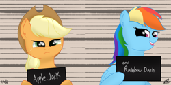 Size: 6000x3000 | Tagged: safe, artist:cobaltskies002, derpibooru import, applejack, rainbow dash, earth pony, pegasus, appledash, barbie mugshot meme, female, lesbian, meme, mugshot, shipping