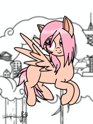 Size: 1536x2048 | Tagged: safe, artist:windy breeze, derpibooru import, oc, oc only, oc:thunder light, pegasus, fallout equestria, city, cloud city, cute, flying, ocbetes, pink eyes, pink mane, signature, sketch, smiling, solo, spread wings, wings